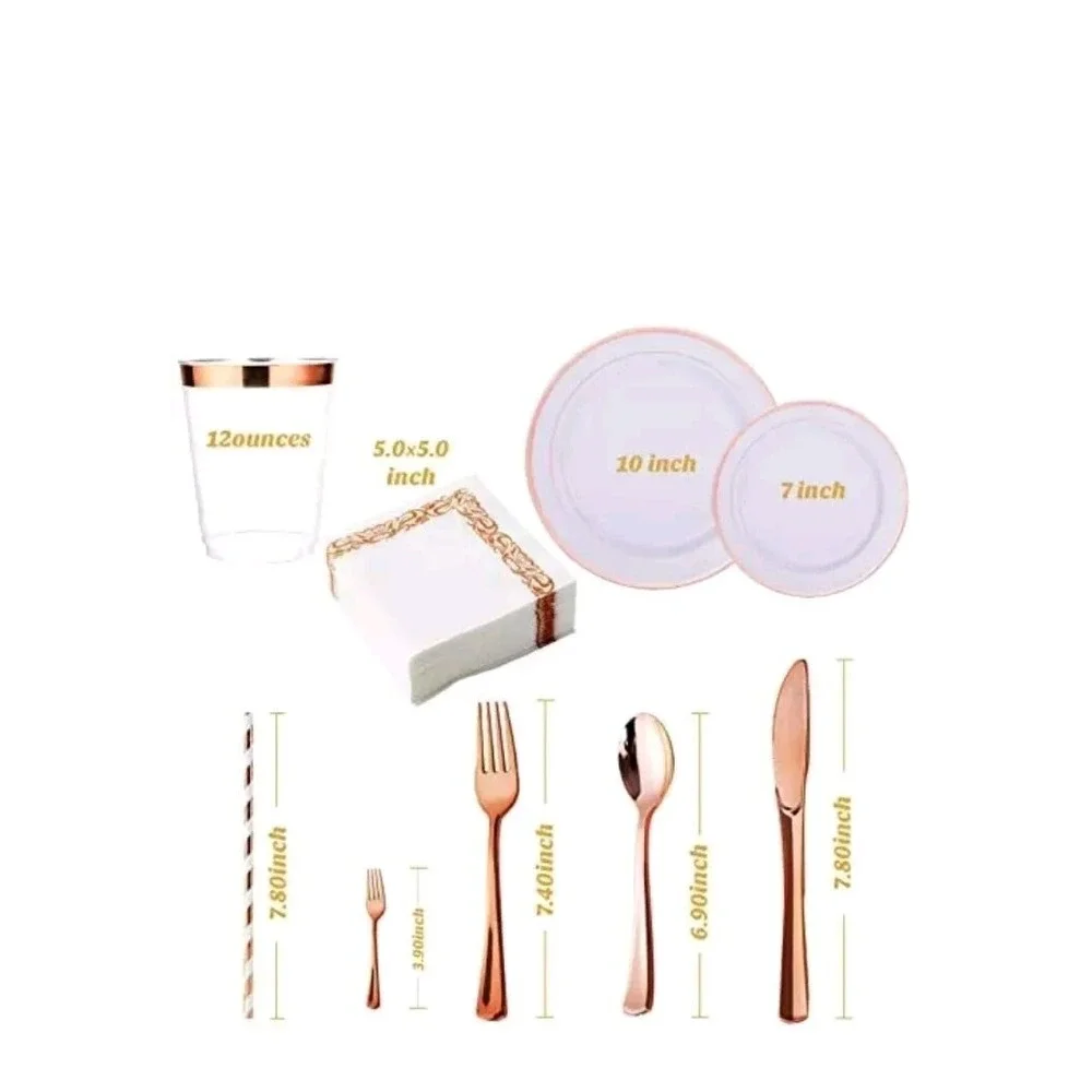 250 Count Rose Gold Disposable Plastic Dinnerware Set, Plates, Silverware, Cups.